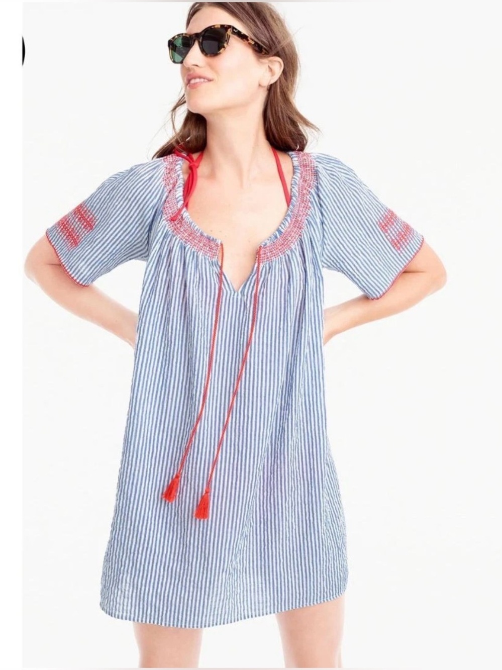 J Crew blue/white striped pop over swim cover up w/red embroidery/smocking. Sz S